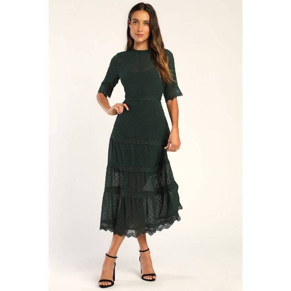 NWT - Lulus Dreaming Of You Emerald Green Swiss Dot Midi Dress - Size L